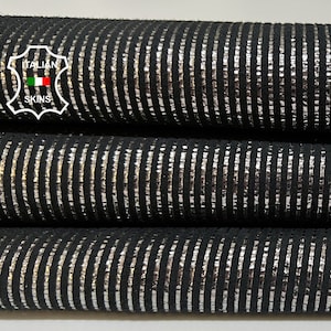 METALLIC GUNMETAL LINES Print On Black Suede Thick Soft Italian Goatskin Goat Leather hide hides skin skins 3sqf 1.4mm #B5982