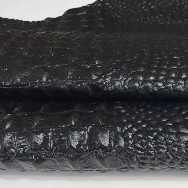 BLACK ALLIGATOR CROCODILE 3D embossed on Italian  lambskin lamb sheep leather skins hides skin hide 3-8sqf