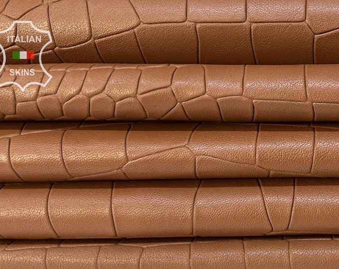 WASHED BROWN CROCODILE Textured Embossed Print On Thick Italian Goatskin Goat leather pack 2 hides skins total 18sqf 1.3mm #B8068