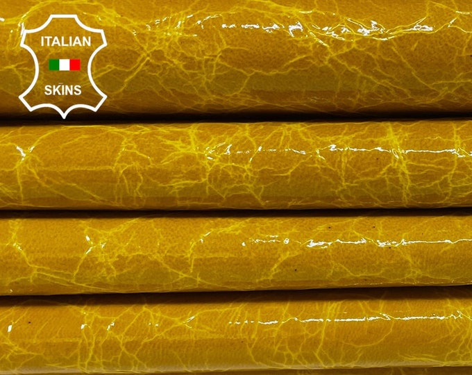 MUSTARD YELLOW PATENT Crinkled Shiny Vintage Look Italian Goatskin Goat Leather hides pack 2 skins total 12sqf 0.8mm #B1026