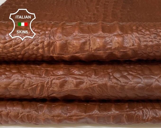 BROWN DISTRESSED CROCODILE Alligator Embossed Textured on Italian lambskin lamb sheep leather 2 skins total 12sqf 0.6mm #B8601