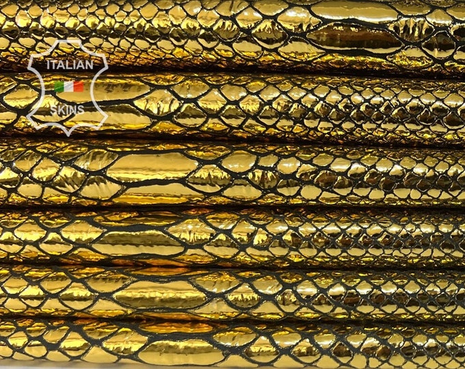 METALLIC GOLD SNAKE Textured Print On Black Soft Italian Lambskin Lamb Sheep Leather pack 3 hides skins total 16sqf 0.9mm #B7697