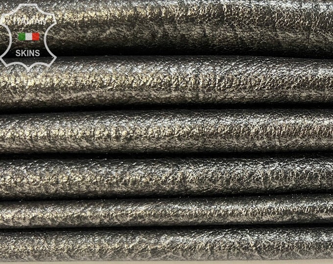 METALLIC PLATINUM ANTIQUED On Black Distressed Vintage Look Thick Soft Italian Goatskin Goat Leather pack 5 hides total 20+sqf 1.1mm #B8218