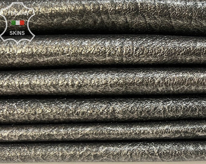 METALLIC PLATINUM ANTIQUED On Black Distressed Vintage Look Thick Soft Italian Goatskin Goat Leather pack 5 hides total 20+sqf 1.1mm #B8218