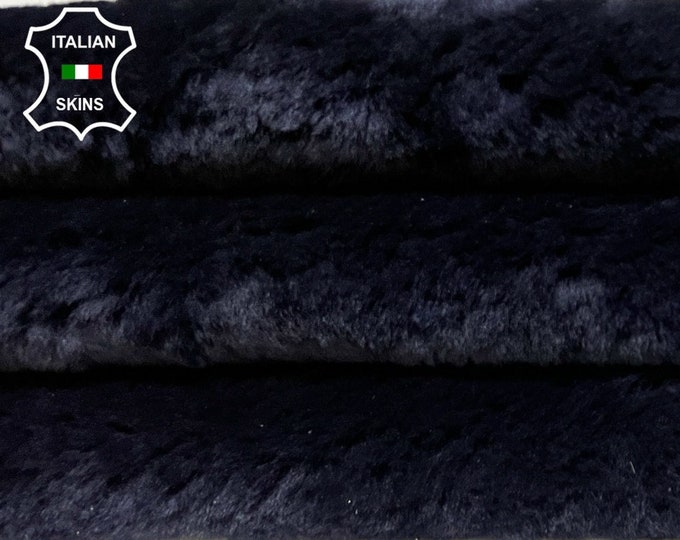 DARK BLUE On Black Leather Thick Soft sheepskin shearling fur hairy sheep Italian leather hides hide skin skins 37"x38"  #B8464