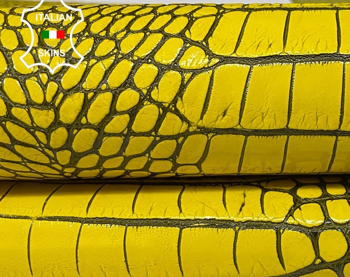 YELLOW CROCODILE TEXTURED Embossed Print On Italian Calfskin Calf Cow Leather hide hides skin skins 1.2mm #B2965