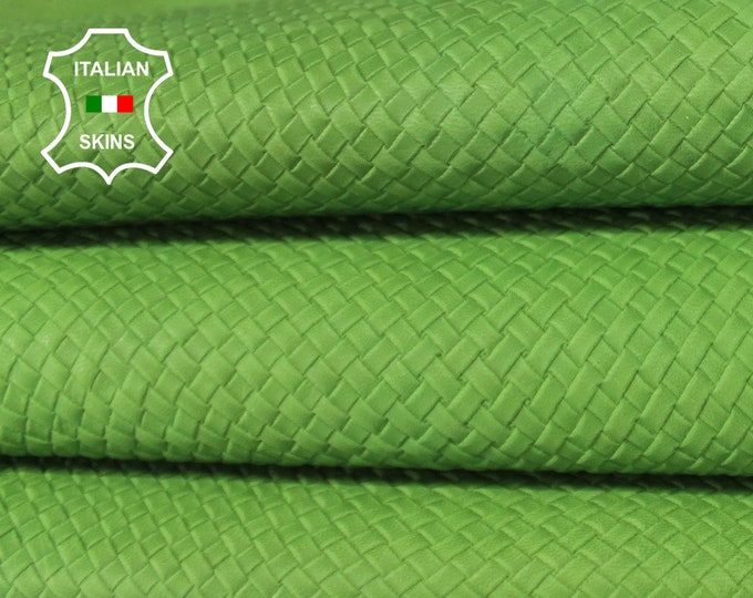 WOVEN LIME GREEN natural green textured vegetable tan naked Italian Goatskin Goat Leather skin skins hides 4-7sqf 0.8mm #A6413