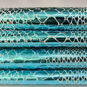 METALLIC TURQUOISE BLUE Snake Textured Embossed Print On Ivory Thick Italian Goatskin Goat Leather pack 2 hides total 9+sqf 1.1mm #B7692