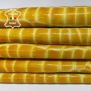 PATENT MUSTARD YELLOW Crocodile Print Shiny On Soft Italian Lambskin Lamb Sheep Leather hides pack 2 skins total 10sqf 0.8mm #B1995