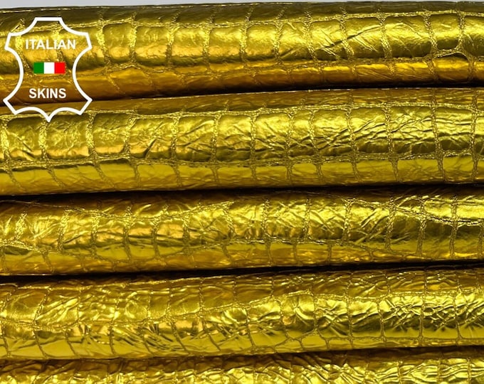 METALLIC YELLOW CROCODILE Crinkled Textured Embossed Print On Thick Italian Lambskin Sheep Leather pack 2 hides total 15sqf 1.3mm #B5664