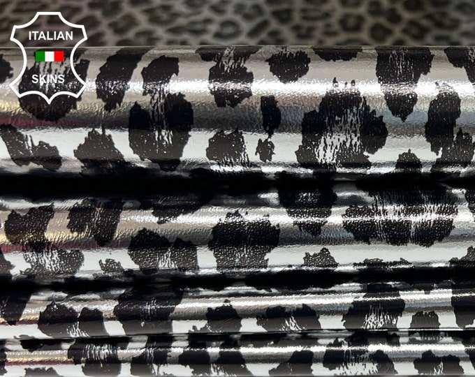 METALLIC SILVER LEOPARD Black Print  thin Italian Lambskin Lamb Sheep leather skin hide hides skins 8sqf 0.5mm #A9561