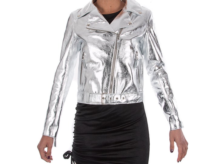 Italian handmade Women soft genuine lambskin lamb leather biker jacket slim fit color Metallic Silver