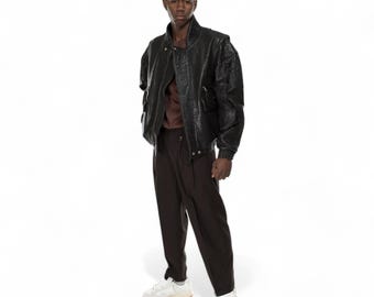Italian Handmade Men Genuine WASHED BUBBLY Black Lamb Leather Bomber Jacket S TO 3XL