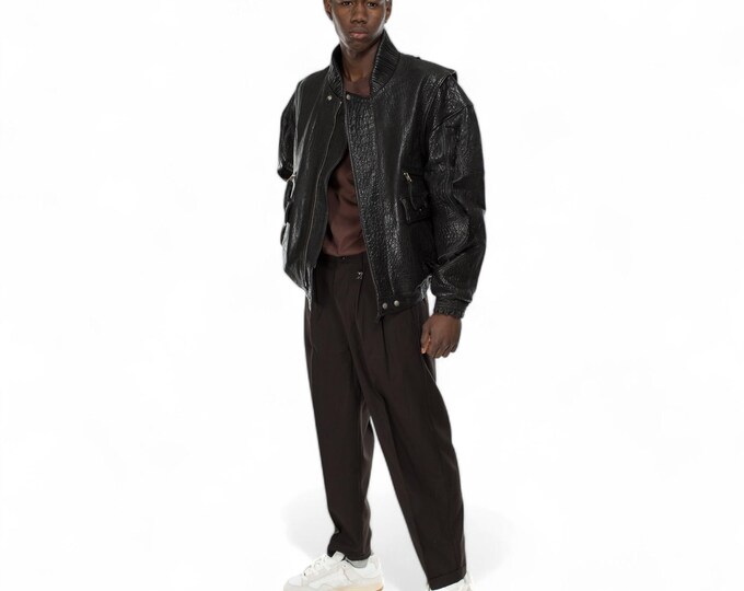 Italian Handmade Men Genuine WASHED BUBBLY Black Lamb Leather Bomber Jacket S TO 3XL