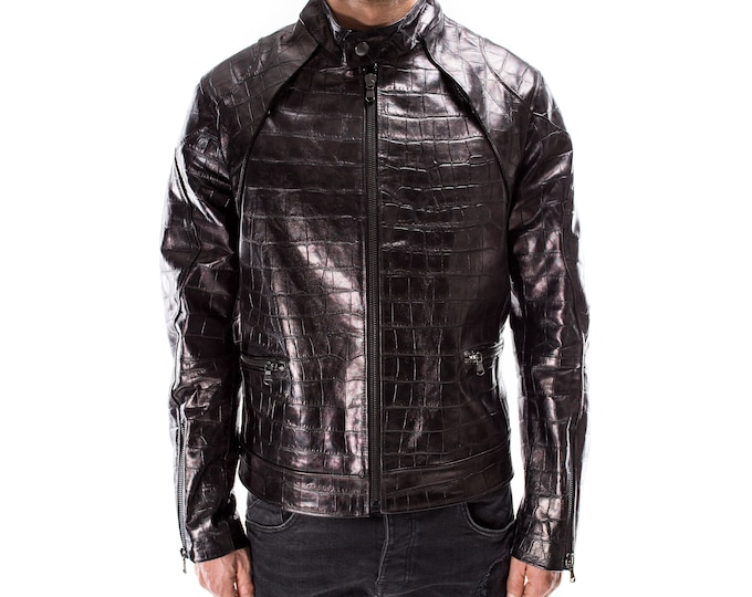 BLACK ALLIGATOR CROCODILE Textured on Goatskin leather distressed Italian handmade Men  jacket slim fit Xs to 3XL
