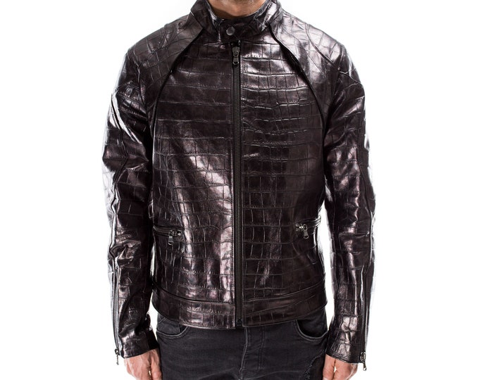 BLACK ALLIGATOR CROCODILE Textured on Goatskin leather distressed Italian handmade Men  jacket slim fit Xs to 3XL