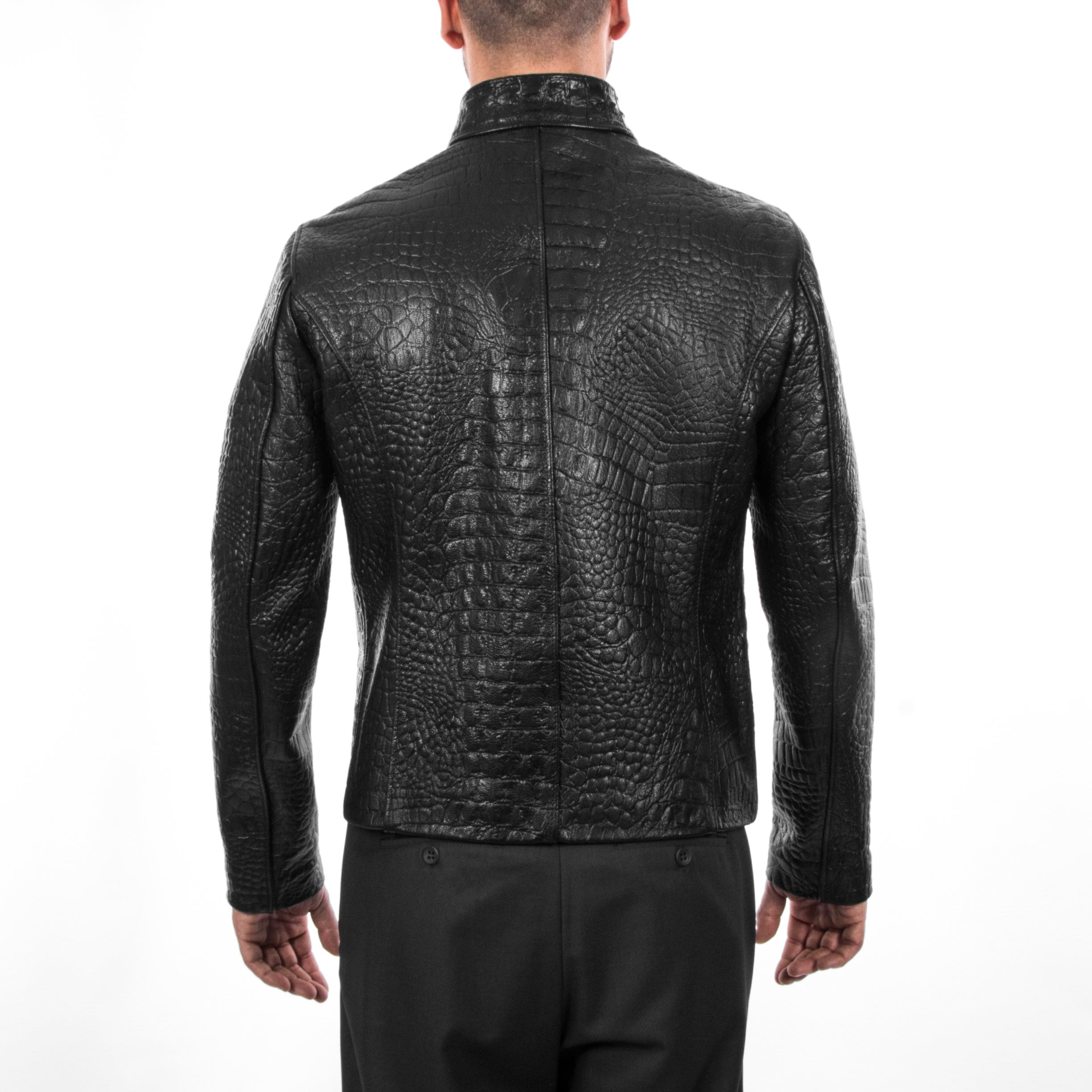 Italian handmade Men black Crocodile embossed on Goatskin leather biker  jacket slim fit XXS to 3XL