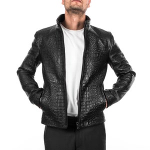 Italian handmade Men jacket slim fit alligator crocodile embossed textured on Goatskin leather color Black S to 3XL