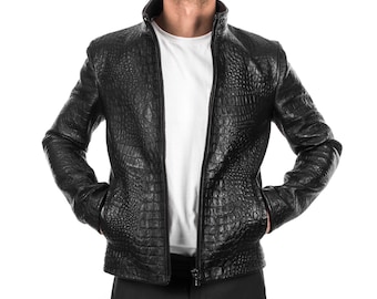 Italian handmade Men jacket slim fit alligator crocodile embossed textured on Goatskin leather color Black S to 3XL