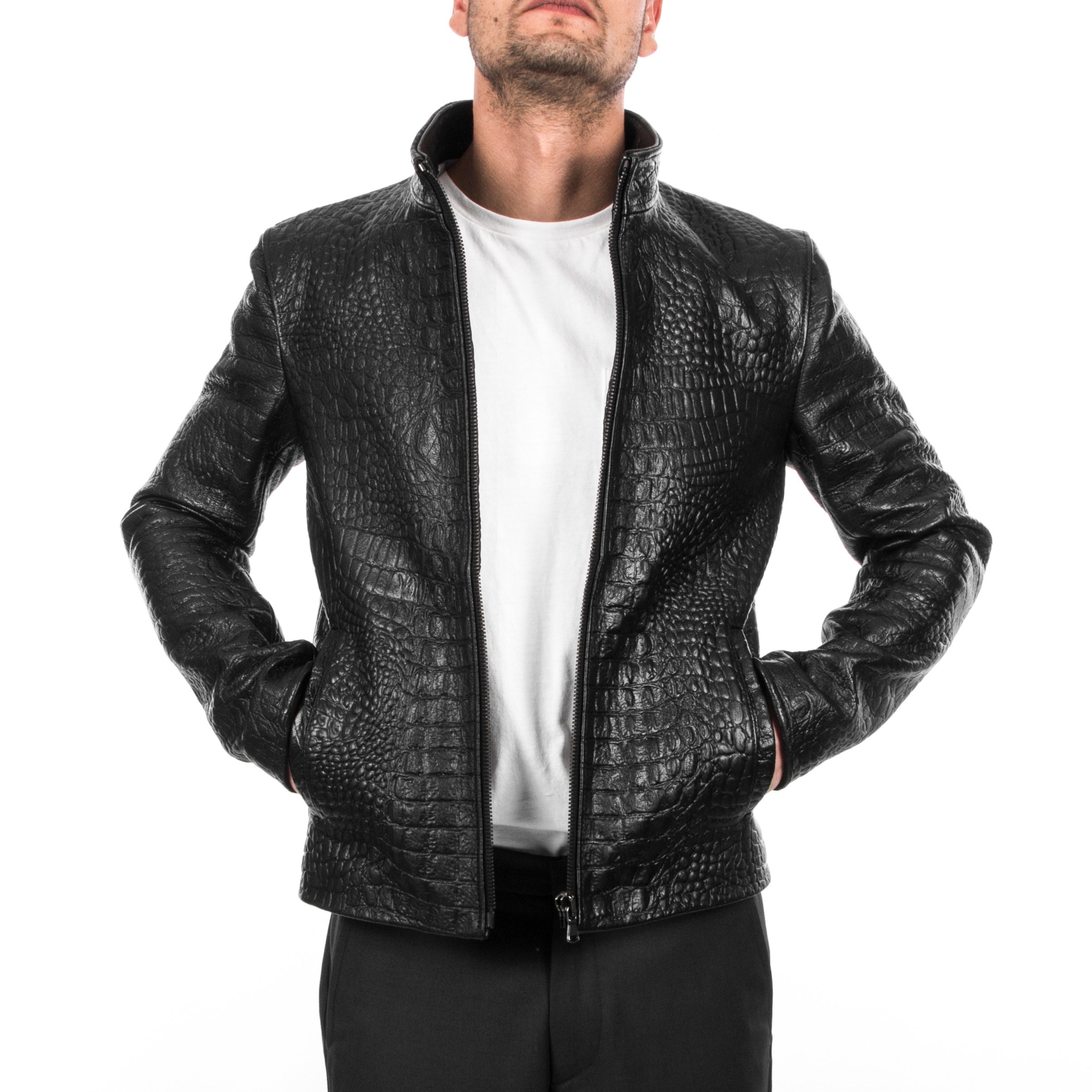 Hand Made Alligator Textured Genuine Leather Jacket for Men 