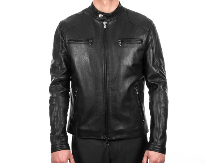 Italian handmade Men natural black leather biker jacket slim fit