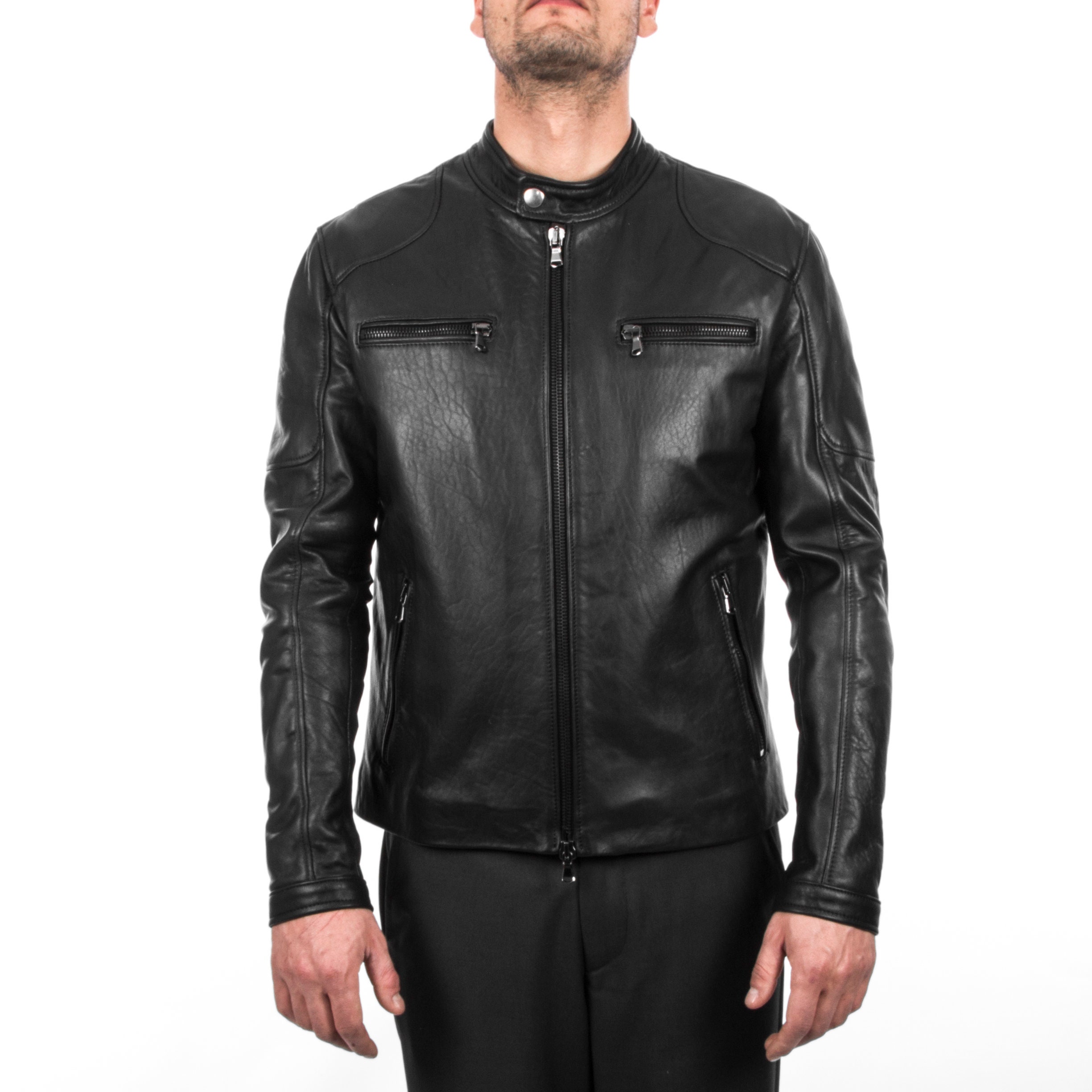 Italian handmade Men natural black leather biker jacket slim fit