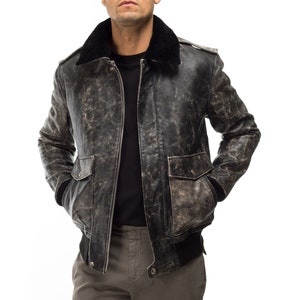 Italian handmade Men genuine lamb leather Aviator Bomber jacket BLACK VINTAGE LOOK S to 2XL