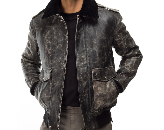 Italian handmade Men genuine lamb leather Aviator Bomber jacket BLACK VINTAGE LOOK S to 2XL