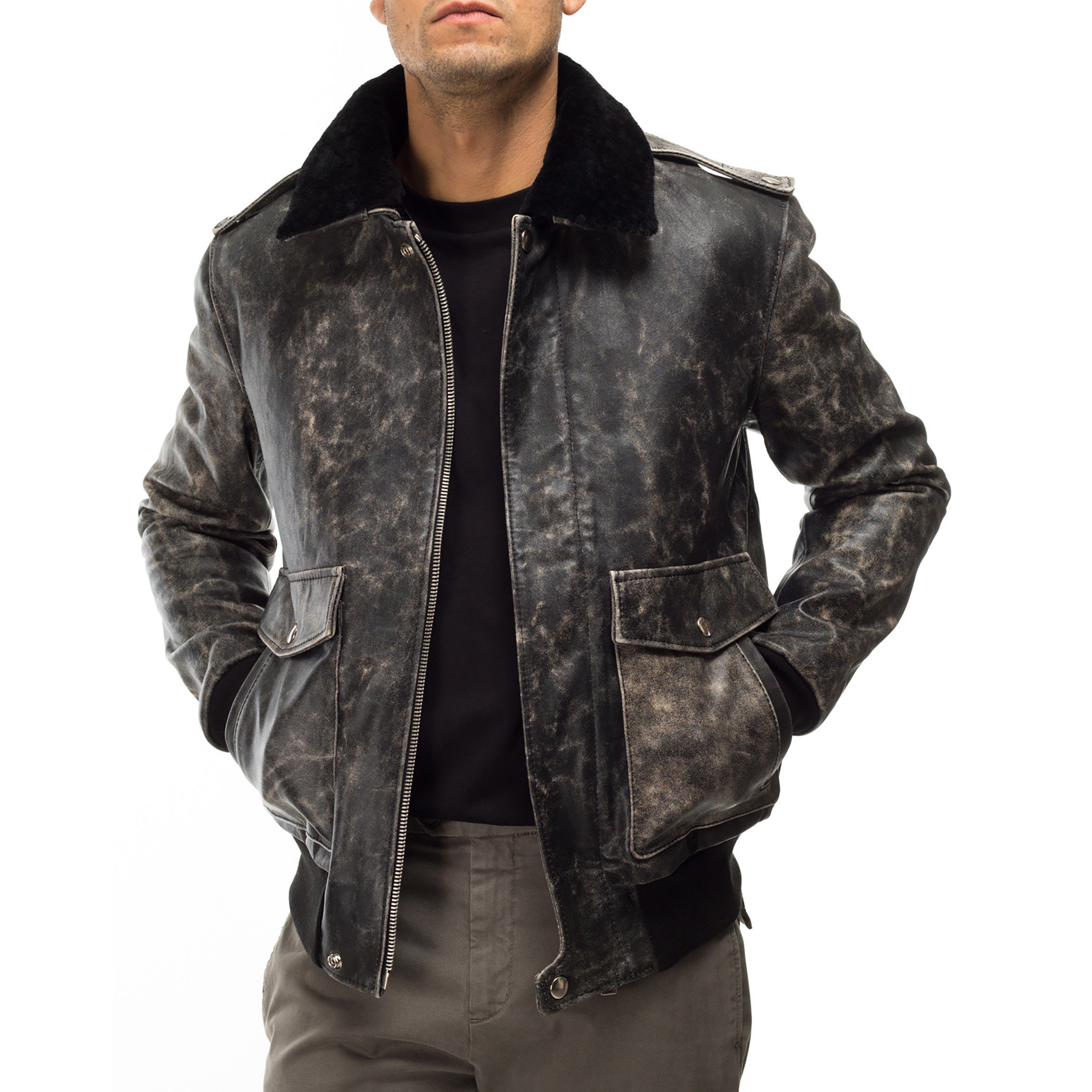 Italian handmade Men genuine lamb leather Aviator Bomber jacket