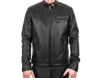 Delivered Duty Paid-Italian handmade Fantastic slim fit Men soft genuine lambskin leather jacket color BLACK XS to 2XL
