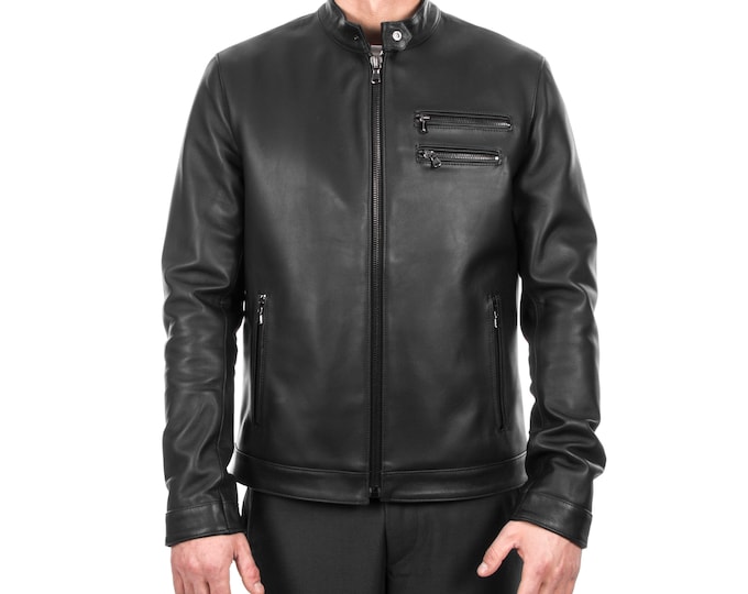 Italian handmade Fantastic slim fit Men soft genuine lambskin leather jacket color BLACK XS to 2XL