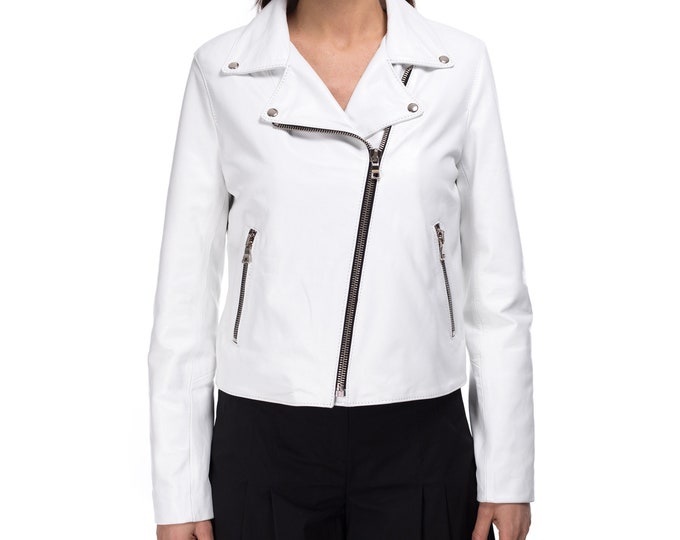 Italian handmade Women genuine lambskin leather biker jacket slim fit White