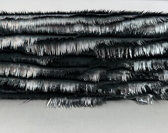 METALLIC SILVER FRINGED On Black Thick Soft Italian Lambskin Sheep Lamb leather pack 2 hides skins total 12+sqf 1.2mm #C5575