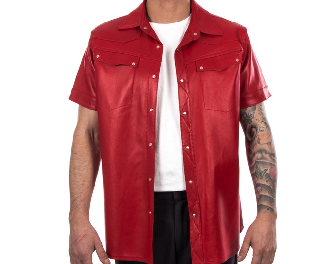 Italian handmade Men soft genuine lambskin leather shirt color RED S to XL