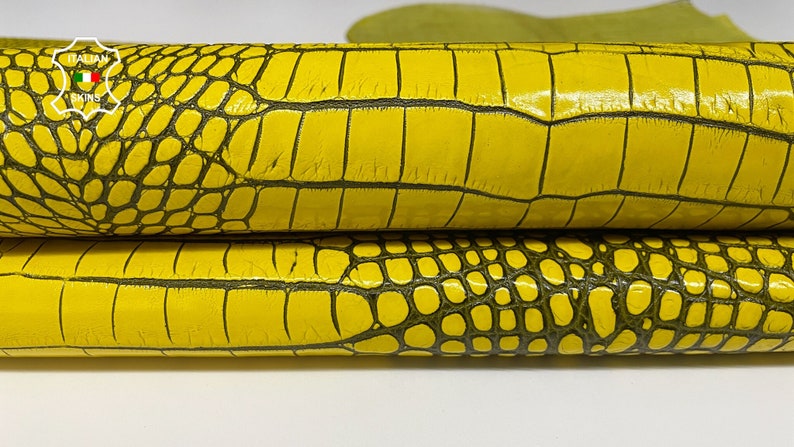 YELLOW CROCODILE TEXTURED Embossed Print On Italian Calfskin Calf Cow Leather hide hides skin skins 1.2mm B2965 image 1