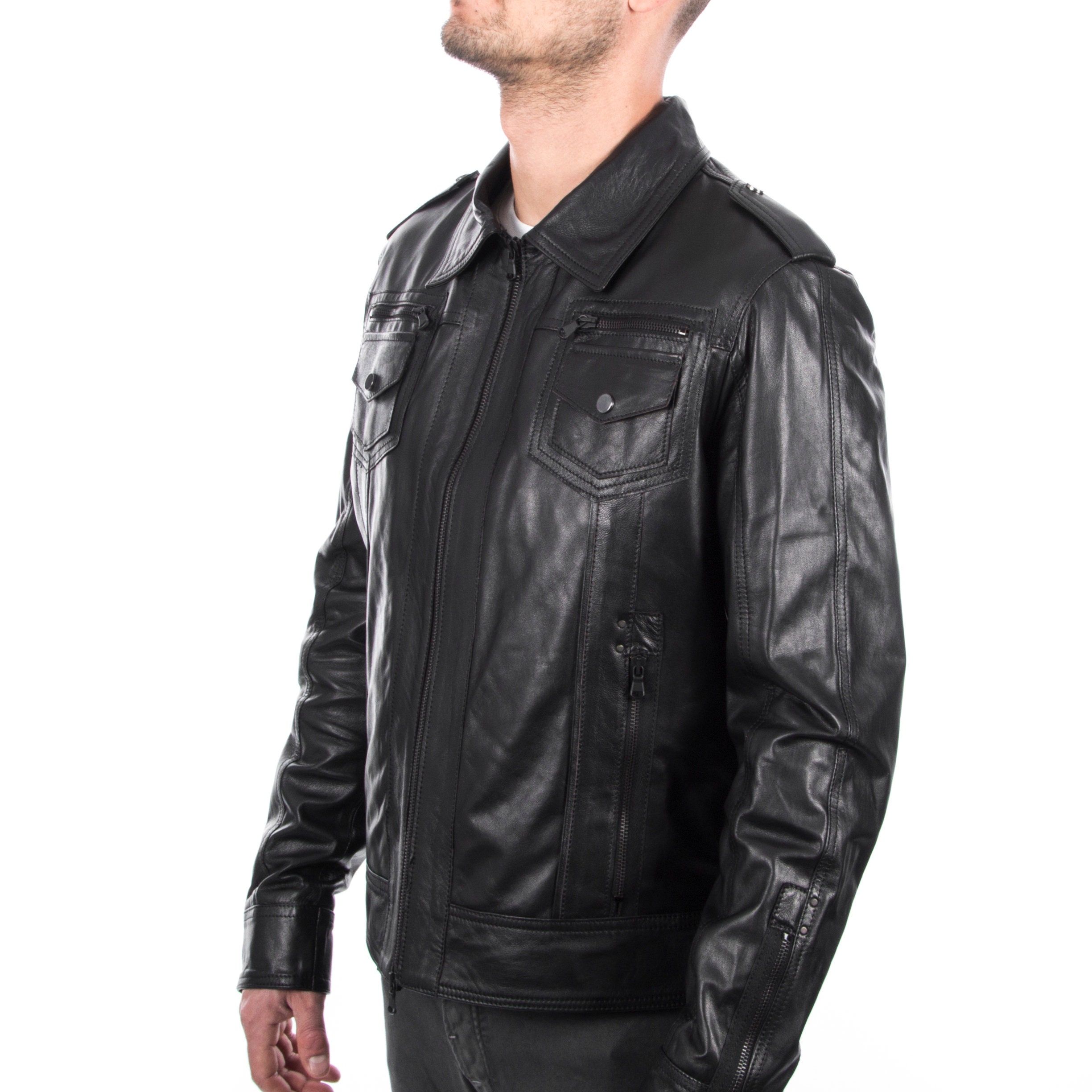 Italian Handmade Men Genuine Lambskin Leather Jacket Slim Fit Color Black