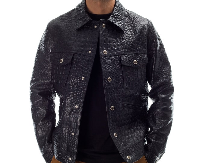 Italian handmade Men leather jacket Black Lambskin embossed alligator crocodile texture S to 2XL