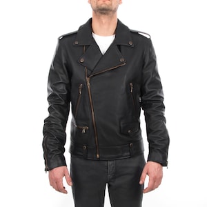 Italian handmade Men genuine lambskin leather biker jacket slim fit color black - brass hardware