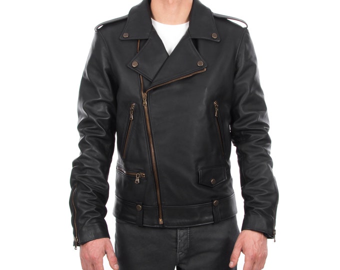 Italian handmade Men genuine lambskin leather biker jacket slim fit color black - brass hardware