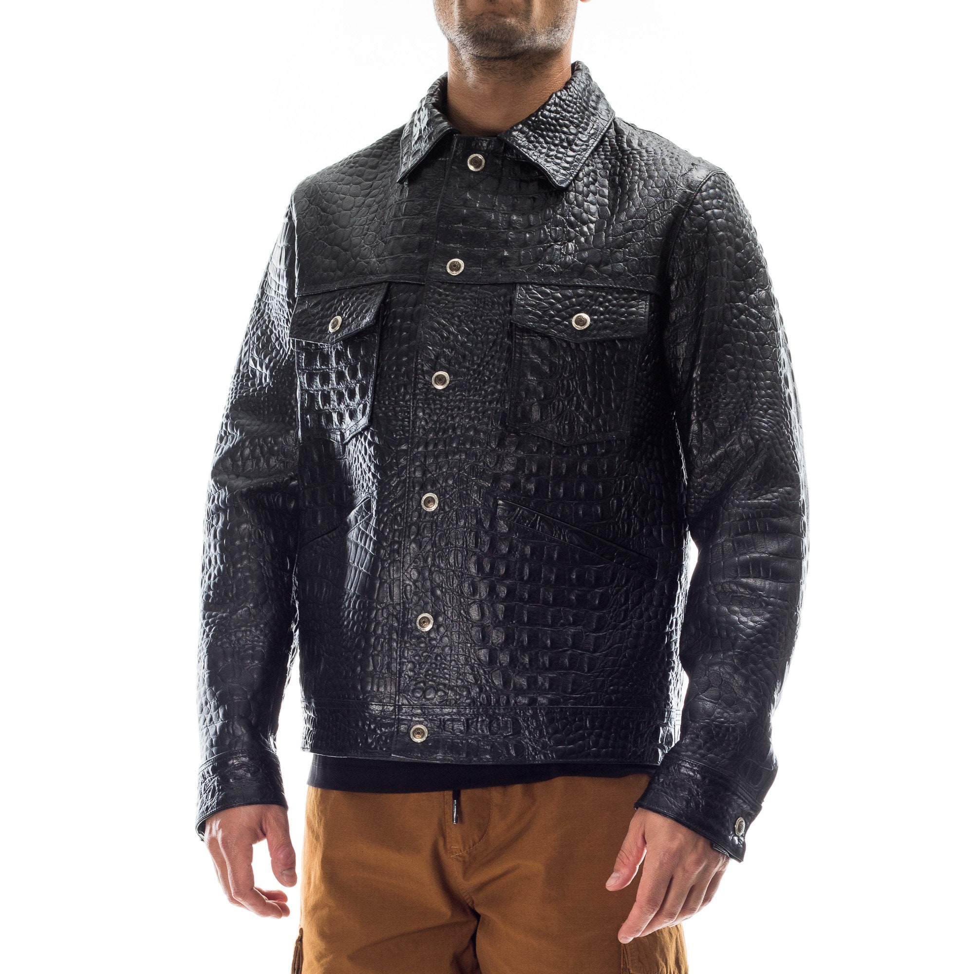 Italian handmade Men leather jacket Black Lambskin embossed alligator  crocodile texture S to 2XL