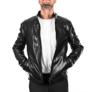 Italian handmade Men black Lamb lambskin grenuine leather biker jacket slim fit XS to 2XL