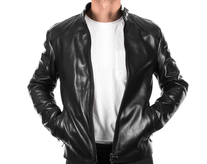 Italian handmade Men black Lamb lambskin grenuine leather biker jacket slim fit XS to 2XL