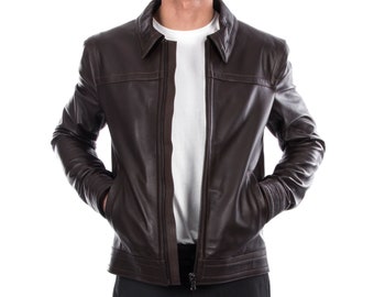 Italian handmade Men genuine lambskin leather jacket casual fit Dark Brown S to 3XL