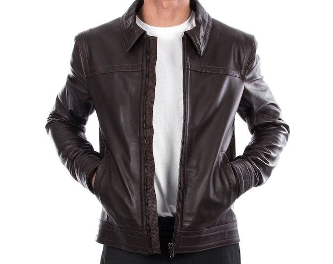 Italian handmade Men genuine lambskin leather jacket casual fit Dark Brown S to 3XL