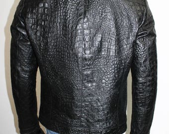 Italian Handmade Men Leather Jacket Black Crocodile Textured