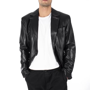 Italian handmade Men genuine lambskin leather 1 botton slim fit BLAZER color Black
