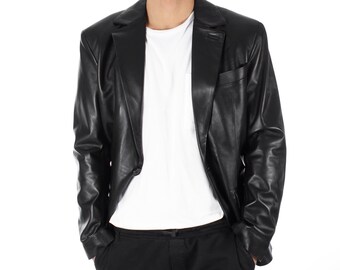 Italian handmade Men genuine lambskin leather 1 botton slim fit BLAZER color Black