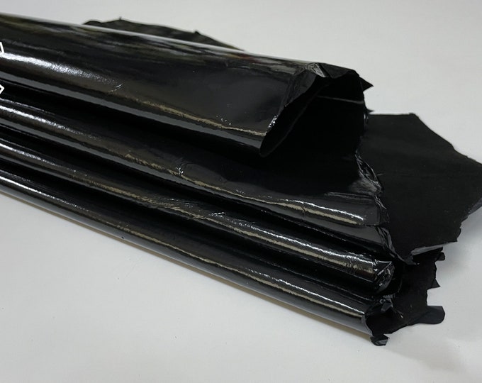 BLACK PATENT SHINY Coated Italian Goatskin Goat Leather hides pack 2 skins total 10sqf 1.0mm #B1101