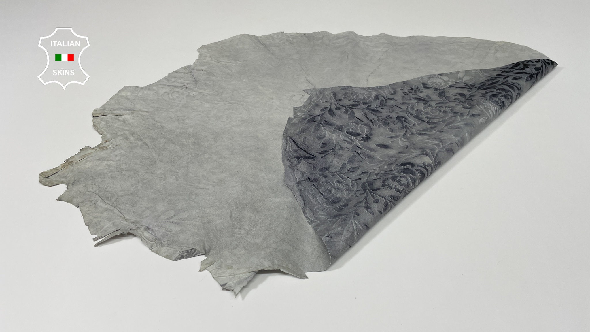 FLOWERS EMBOSSED PRINT On Gray Vintage Look Thin Soft Italian Goatskin ...