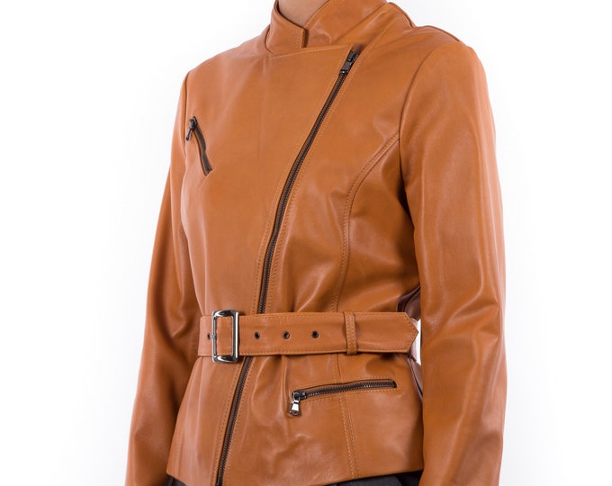 Italian handmade Women genuine soft lambskin leather biker jacket slim fit color Tan